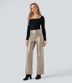 Pantalon similicuir évasé gainant taille haute stretch avec poches