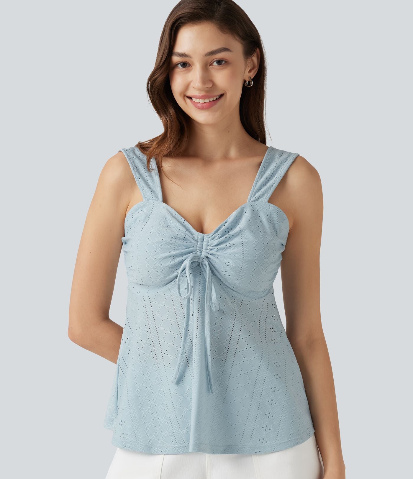 Débardeur décontracté froncé avec cordon de serrage, broderie anglaise et soutien-gorge intégré