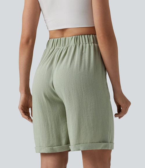 Bermuda casual taille haute aspect lin ourlet roulotté avec poches