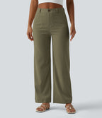 Pantalon taille haute coupe droite effet lin avec poches