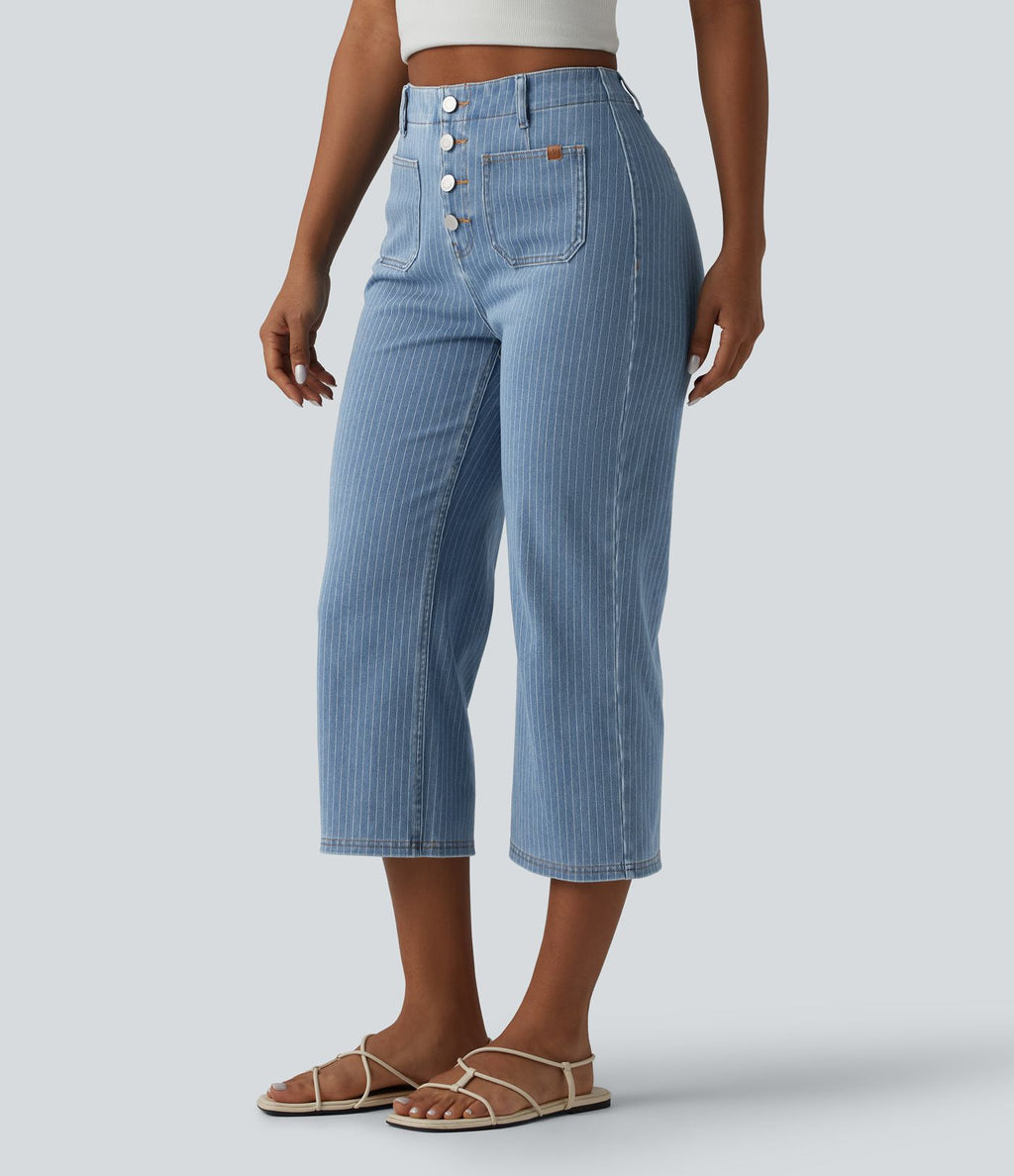 Jean droit court décontracté Halara Flex™ rayé taille haute avec poches