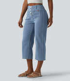 Jean droit court décontracté Halara Flex™ rayé taille haute avec poches