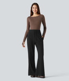 Pantalon large fluide côtelé taille haute avec cordon de serrage et poches
