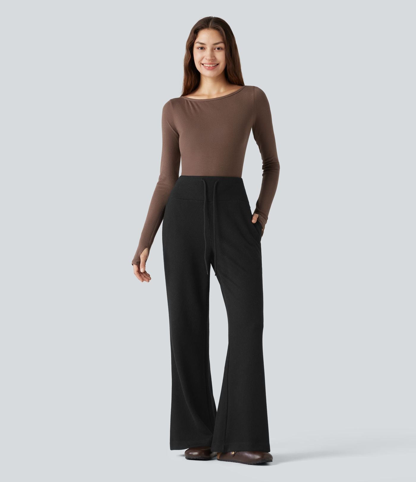 Pantalon large fluide côtelé taille haute avec cordon de serrage et poches
