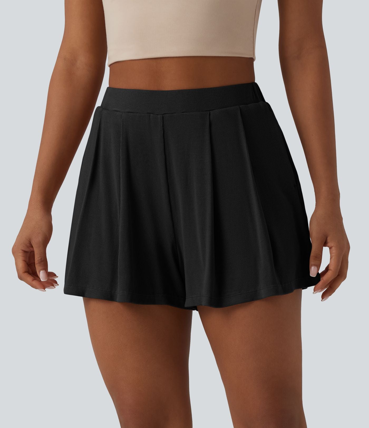 Short tailleur casual 2-en-1 côtelé maille taille haute avec poches