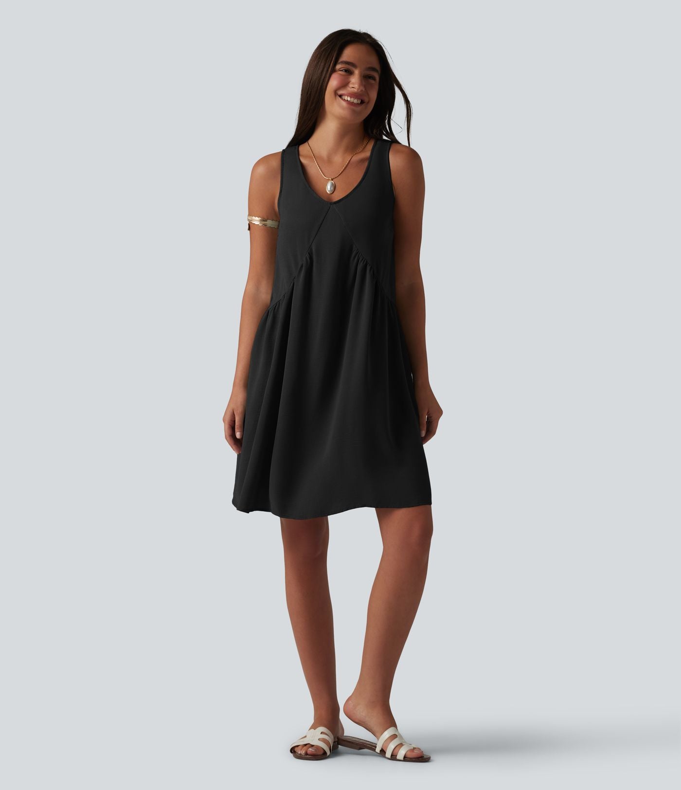 Robe mini sans manches col V avec soutien-gorge intégré, effet lin