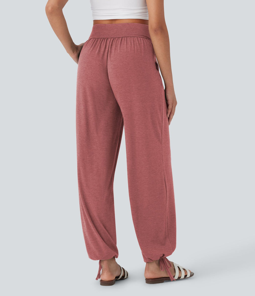 Pantalon de jogging décontracté à taille haute croisée avec poches latérales et cordon de serrage