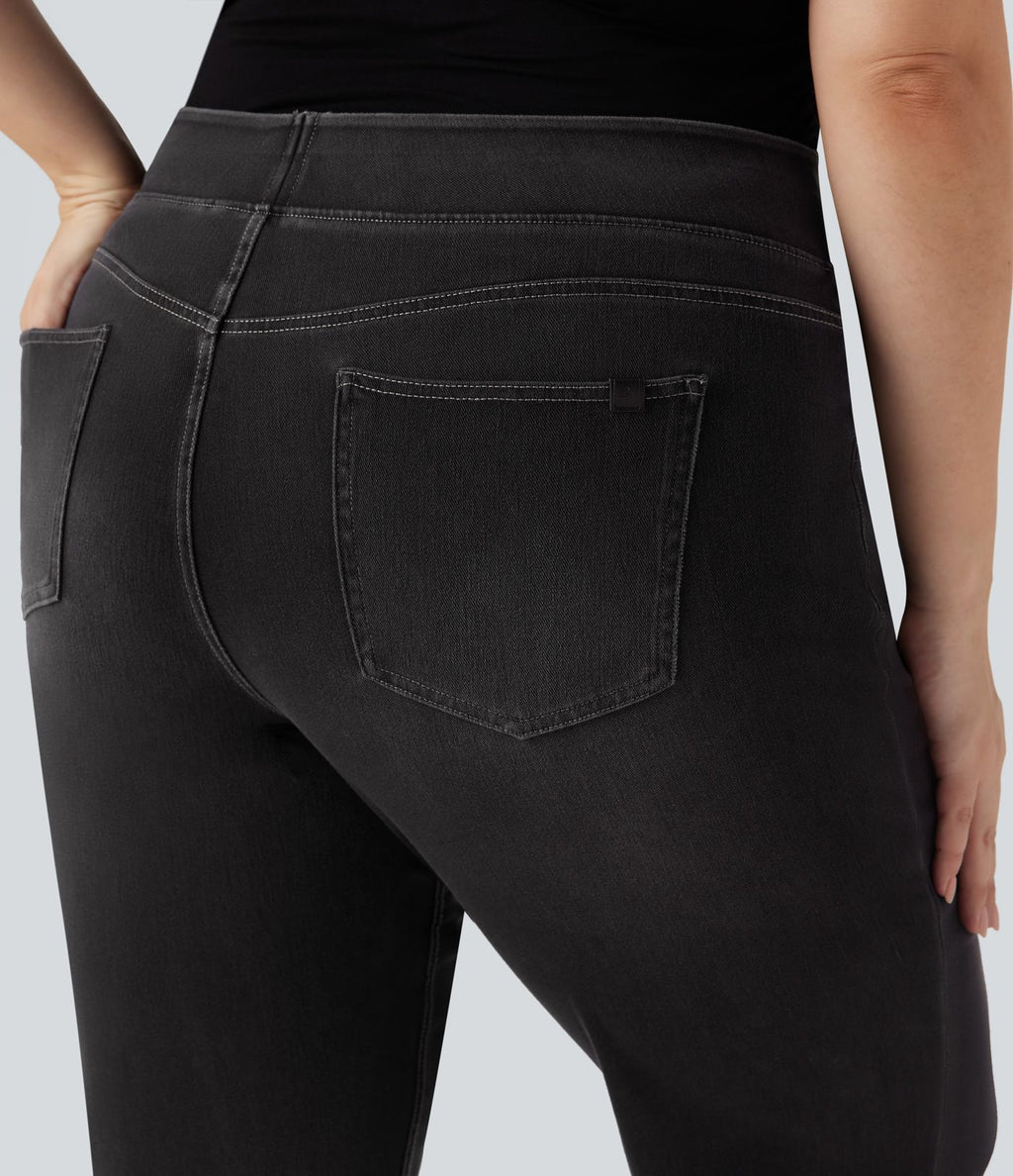 Jean décontracté Halara Flex™ grande taille bootcut taille haute en maille extensible délavée avec multiples poches