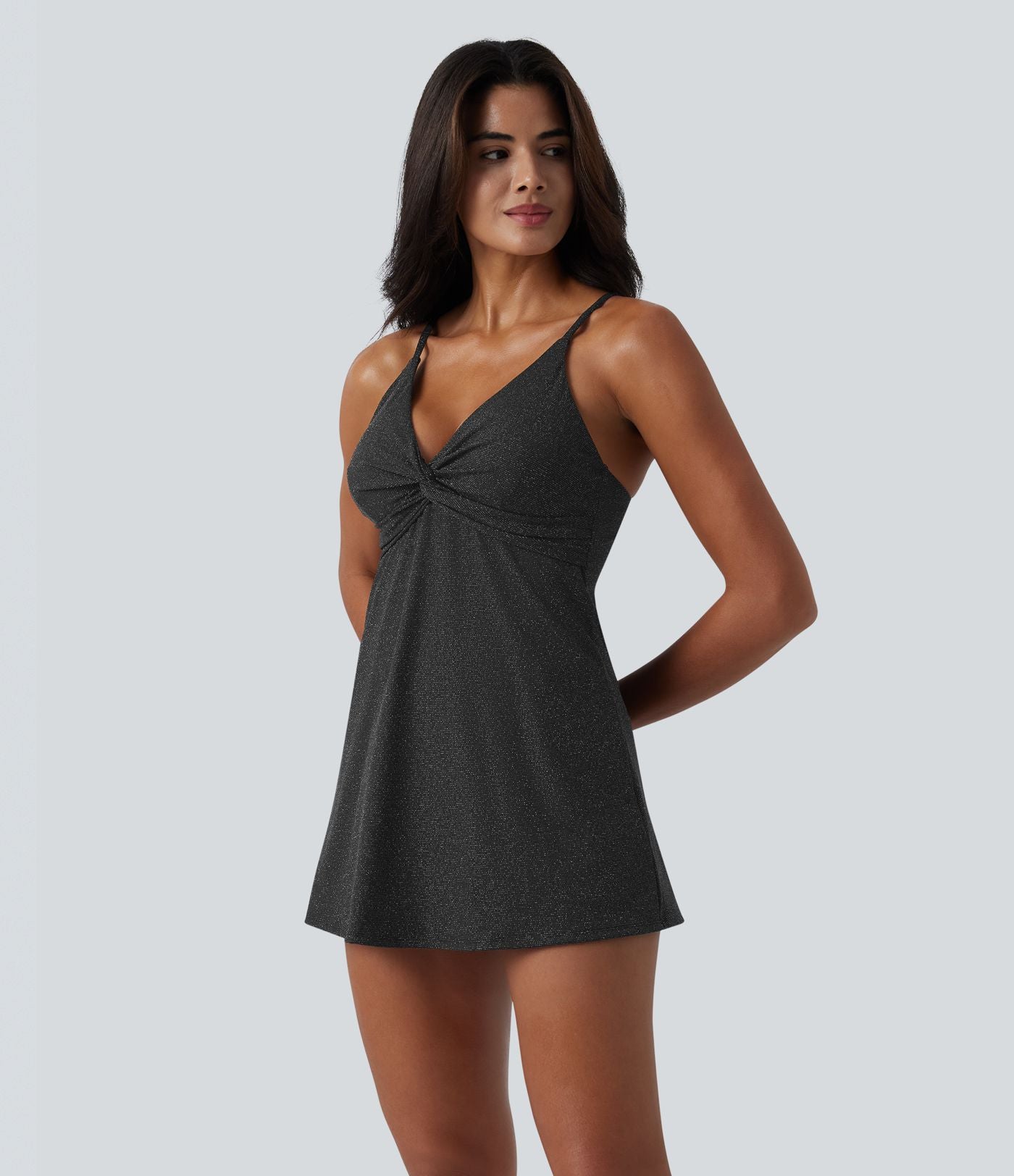 Maillot de bain une pièce métallisé col V soutien-gorge intégré ventre plat avec poches