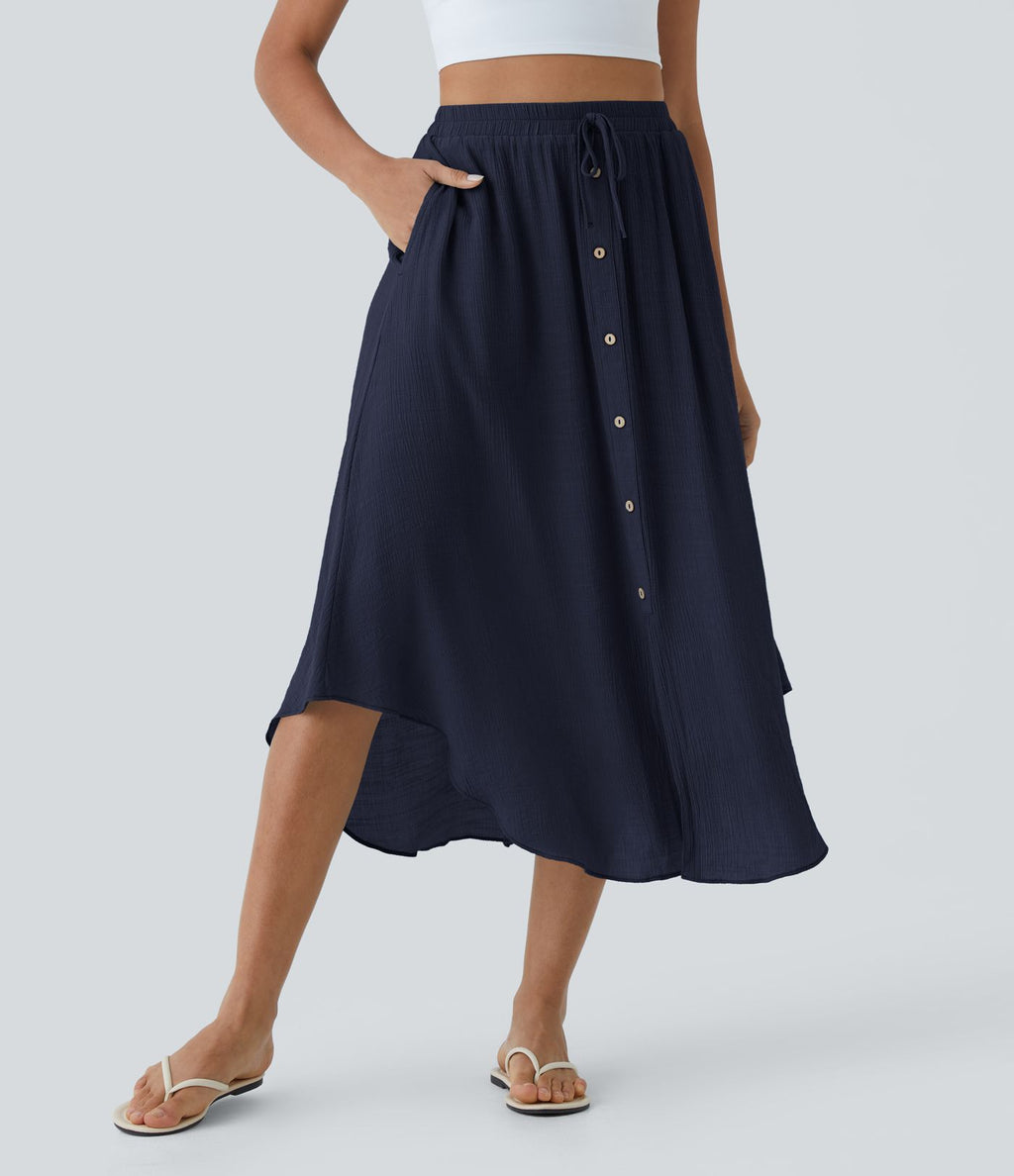 Jupe Midi Fluide Taille Haute Cordon de Serrage Boutonnés Poches Latérales