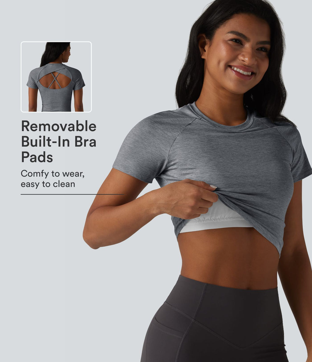 Haut de sport yoga col rond manches courtes avec soutien-gorge intégré