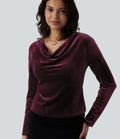 Top velours col drapé manches longues