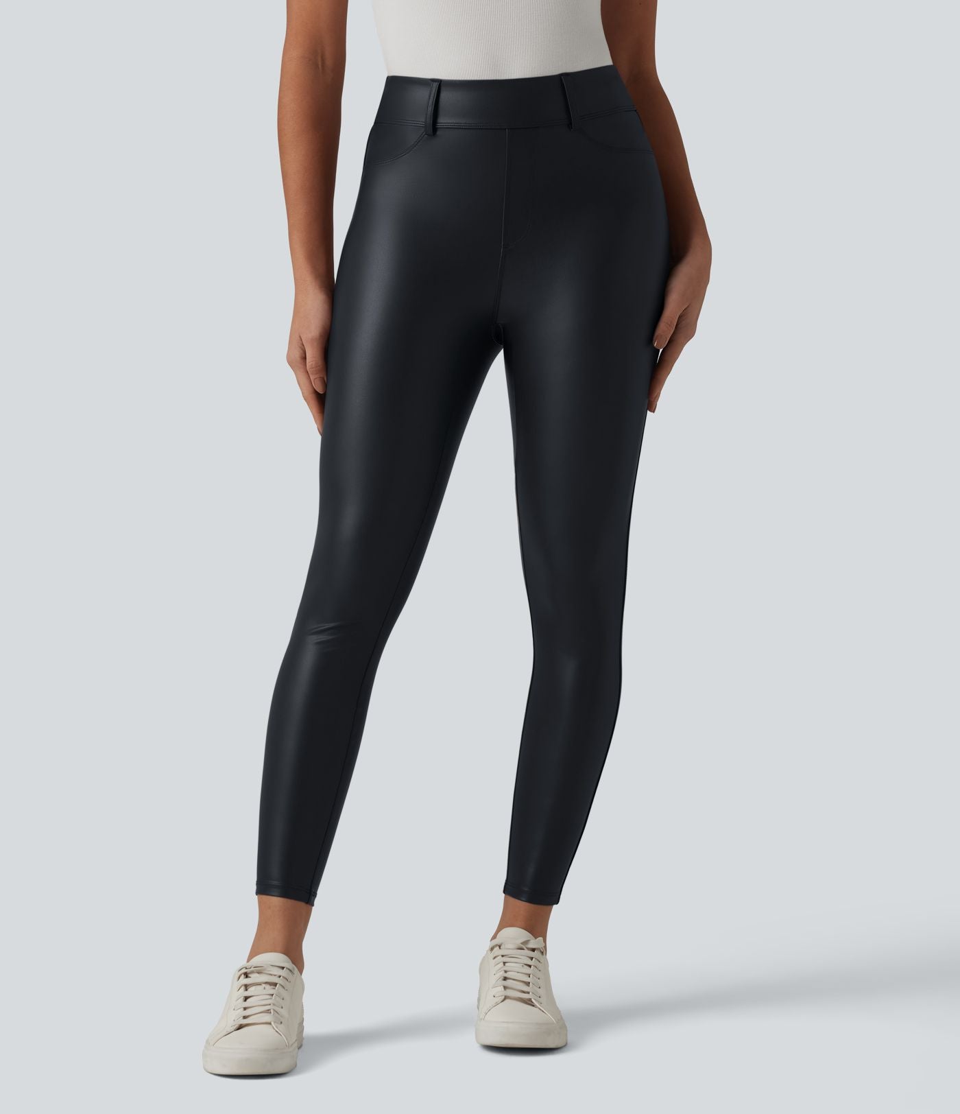 Legging 7/8 casual taille haute extensible en simili cuir avec poches