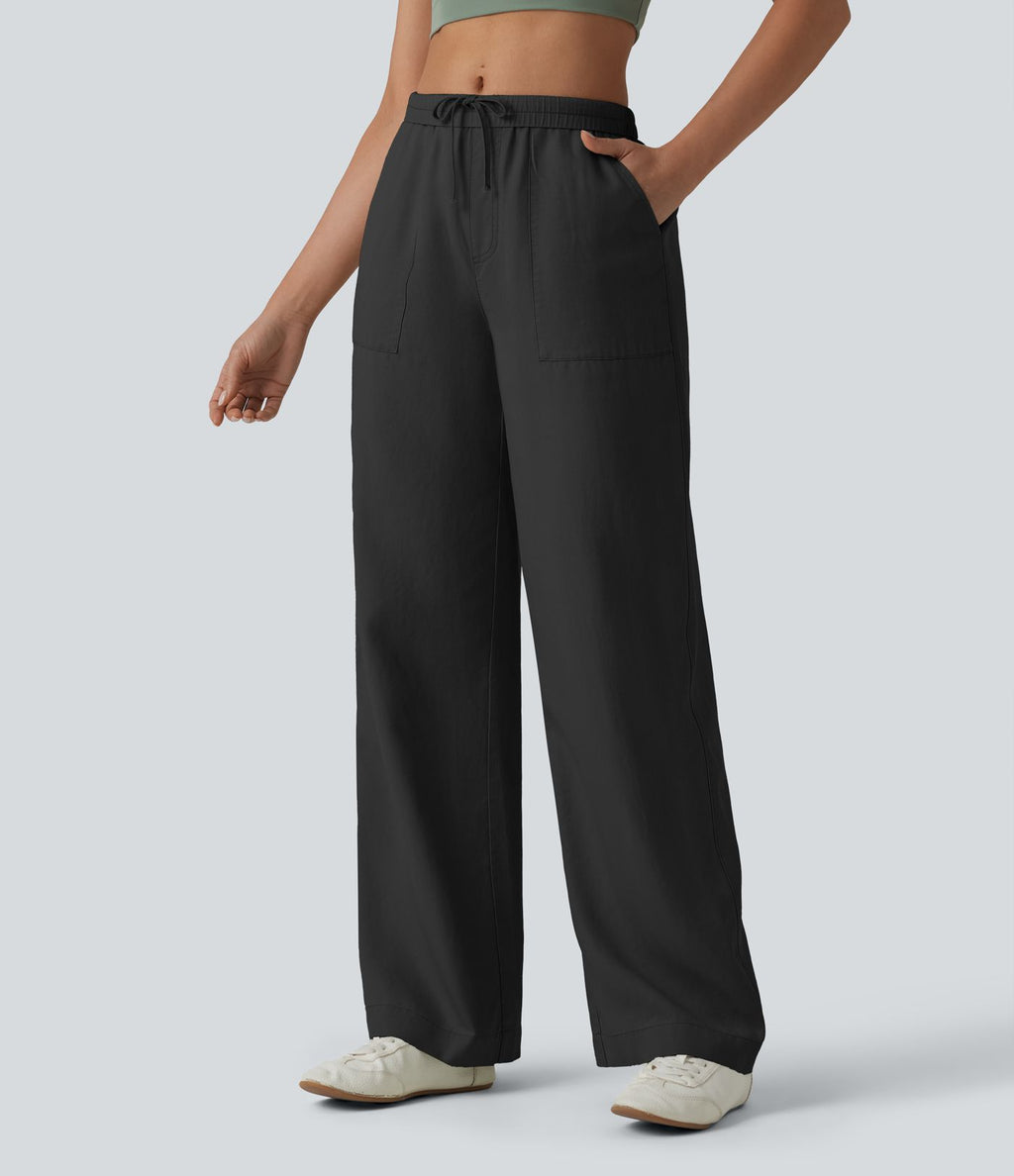 Pantalon large fluide décontracté taille haute en lyocell et lin mélangé avec cordon de serrage intérieur et poches
