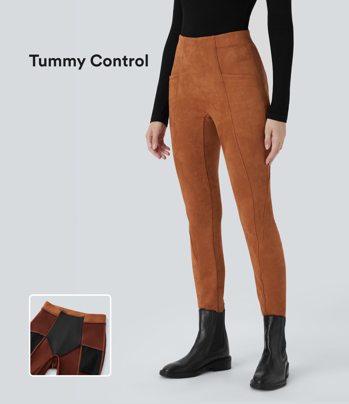 Legging décontracté en suédine taille haute, gainant, avec poches latérales