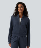 Veste casual côtelée à col montant, manches longues et fermeture zippée avec poches