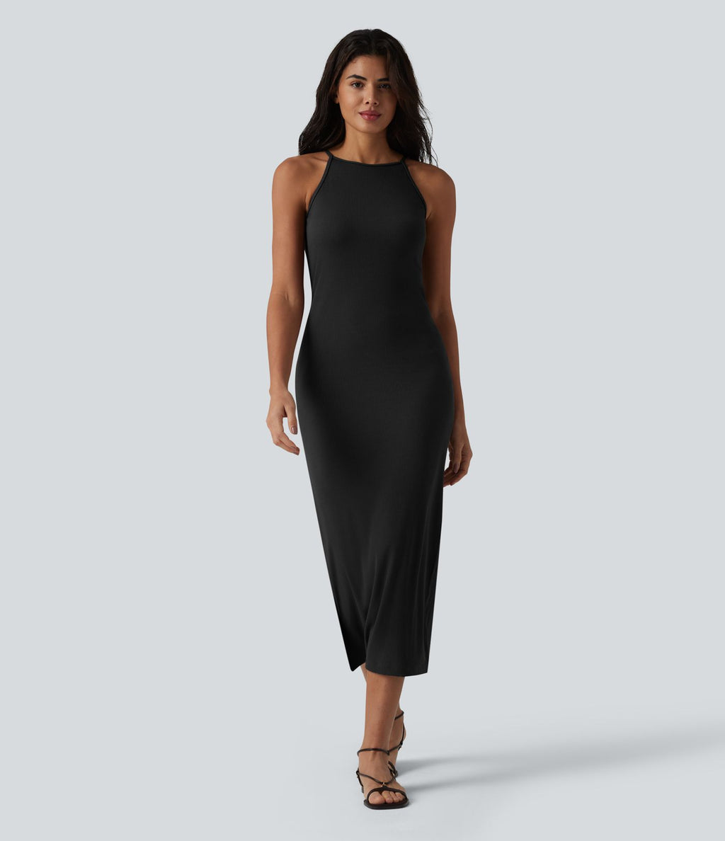 Robe midi à bretelles col rond en maille côtelée