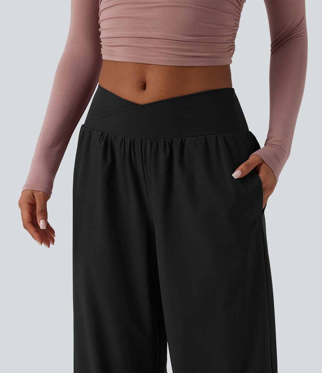 Pantalon ample décontracté taille basse croisée avec poches