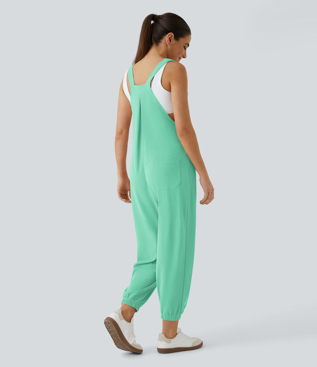 Salopette Casual Bretelles Ajustables Boutonnés Multiples Poches Plis et Tissu Gaufré