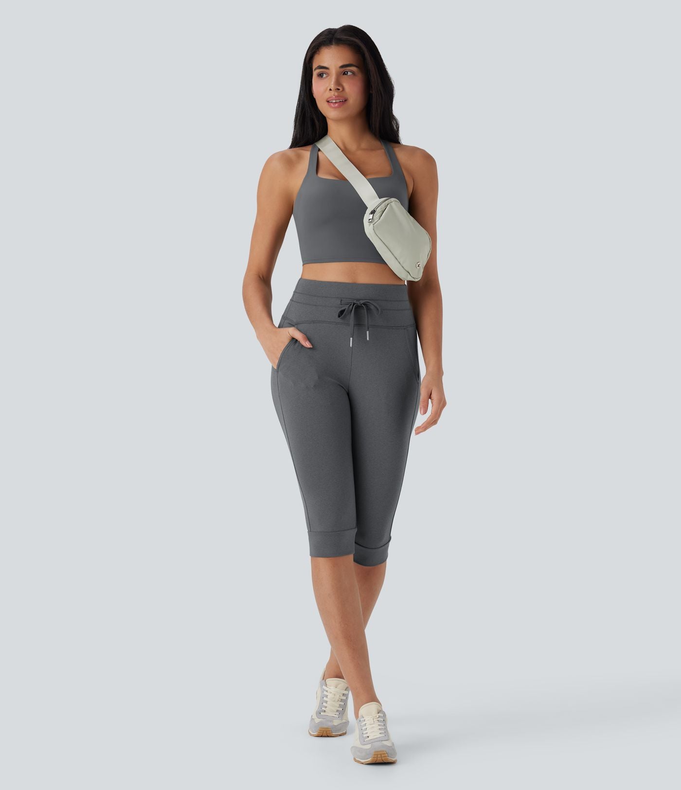 Jogging de yoga corsaire à taille haute, cordon de serrage, séchage rapide et poches latérales