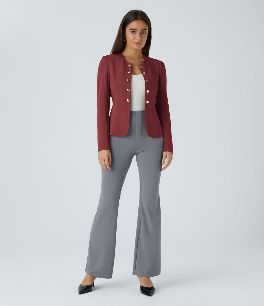 Blazer tailleur ajusté à col rond, manches longues avec boutons décoratifs