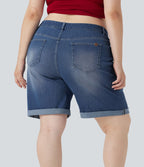 Short bermuda casual denim grande taille Halara Flex™ tricot extensible délavé taille haute multiples poches ourlet roulotté