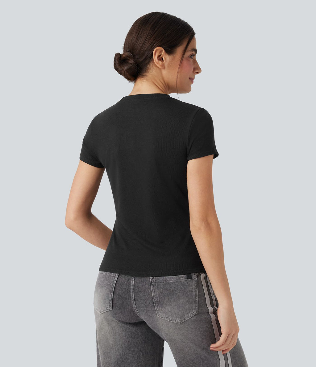 T-shirt décontracté ajusté maille côtelée col rond manches courtes