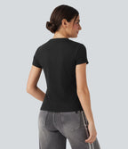 T-shirt décontracté ajusté maille côtelée col rond manches courtes