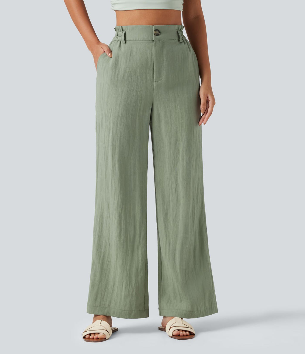 Pantalon décontracté taille haute à jambes larges en mélange de lin avec poches