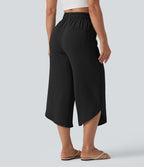 Pantalon casual 7/8 taille haute aspect lin à cordon de serrage et ourlet arrondi avec poches