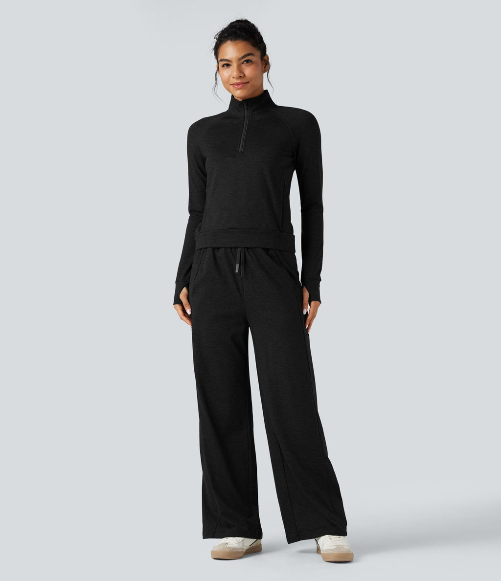Sweat-shirt polaire thermique chiné séchage rapide demi-zip avec trous pouces et poches - UPF40+