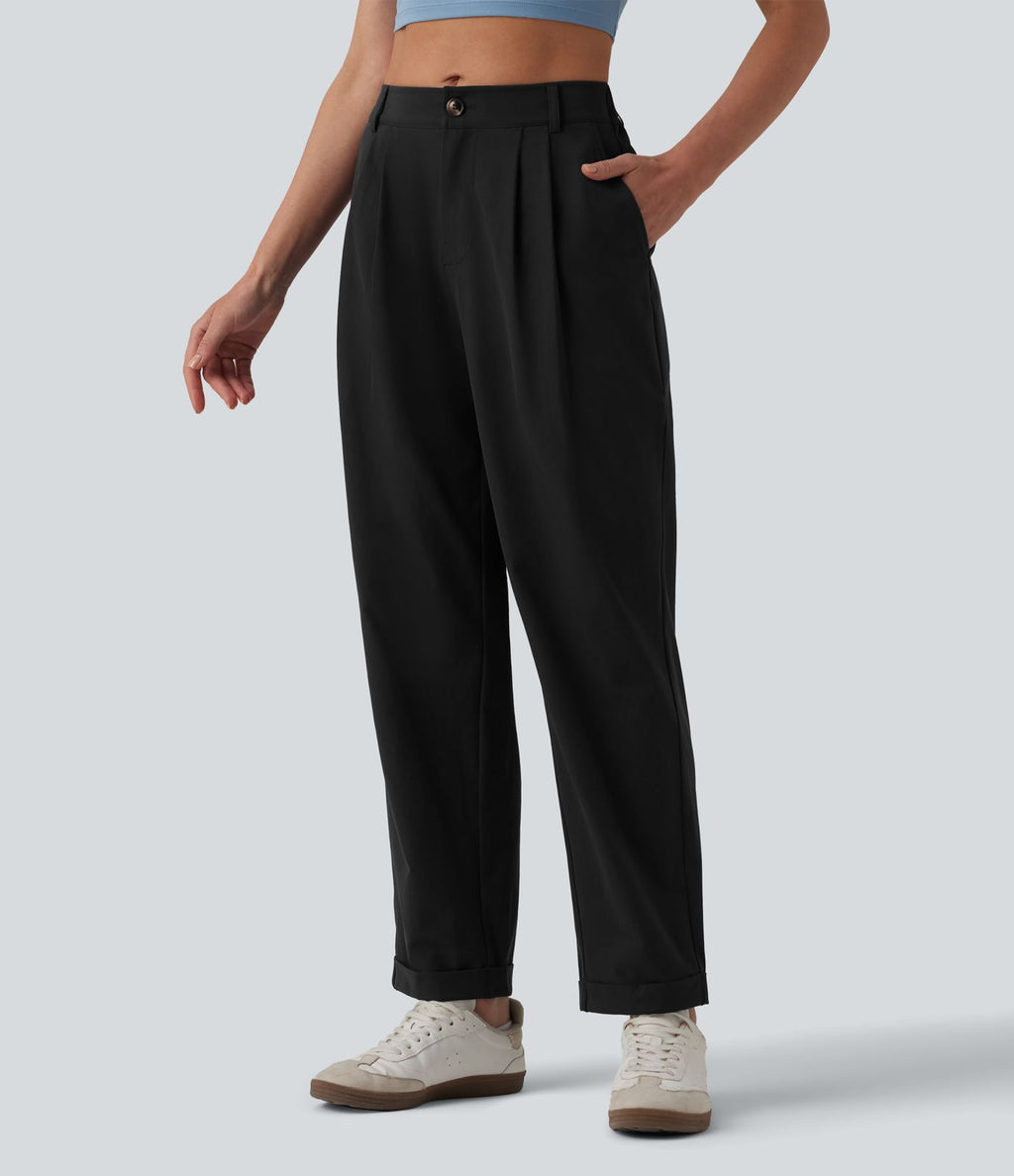 Pantalon casual fuselé 7/8 taille mi-haute plissé en popeline extensible à ourlet retroussé avec poches