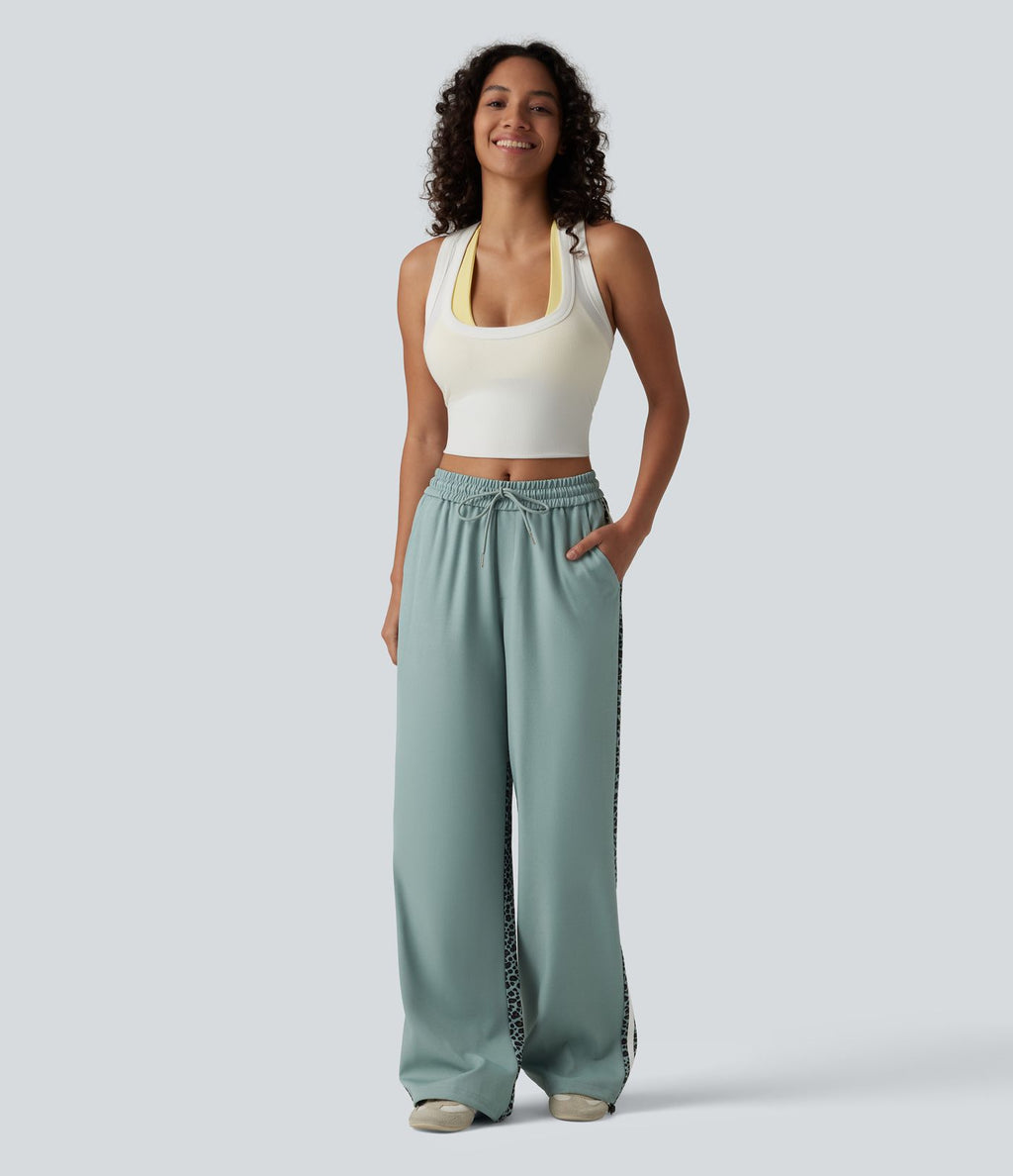 Pantalon ample décontracté taille mi-haute avec cordon de serrage color block rayures léopard contrastant avec poches