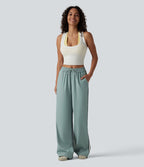 Pantalon ample décontracté taille mi-haute avec cordon de serrage color block rayures léopard contrastant avec poches