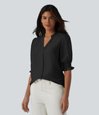 Blouse décontractée à col en V et manches courtes bouffantes