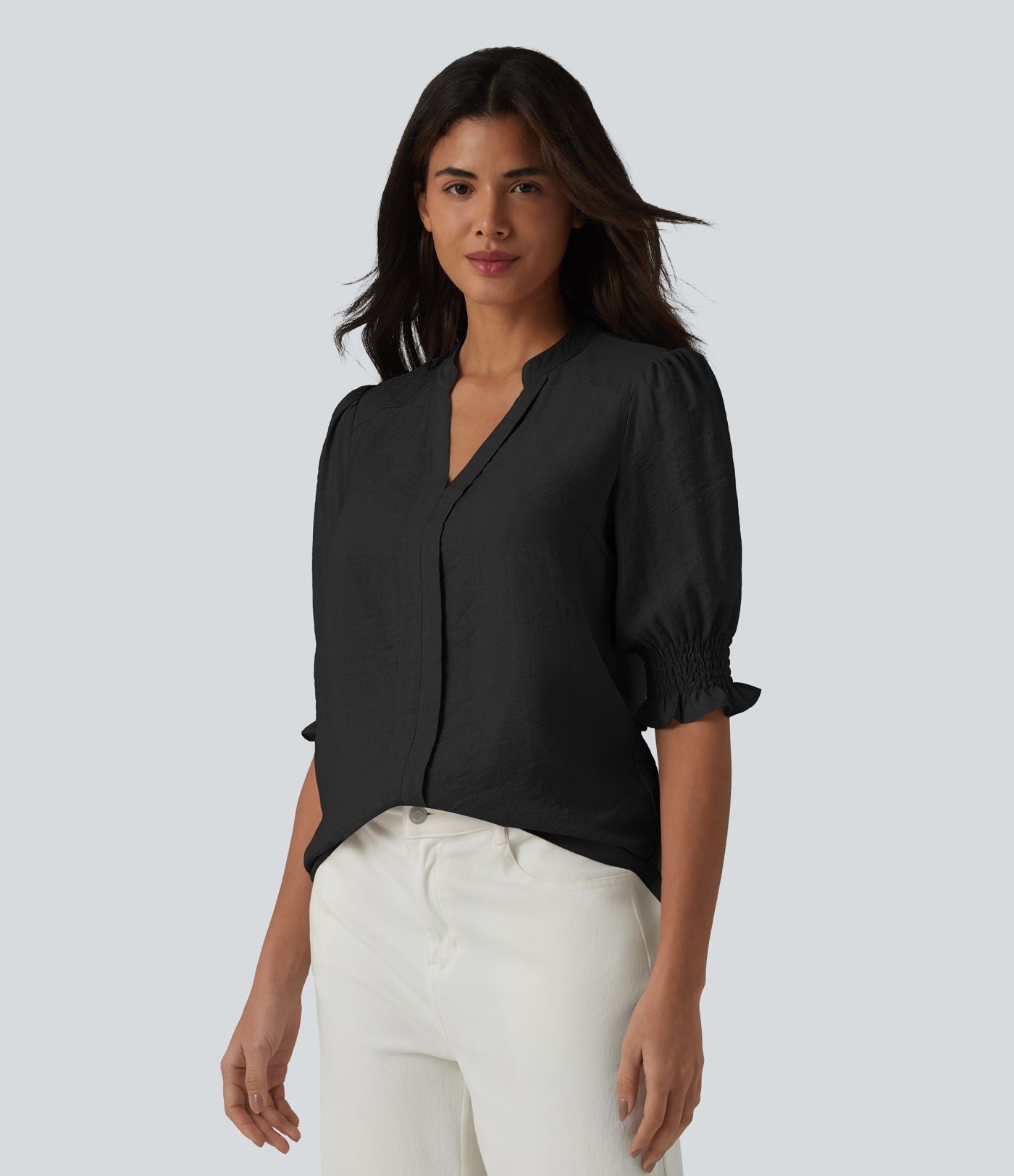 Blouse décontractée à col en V et manches courtes bouffantes