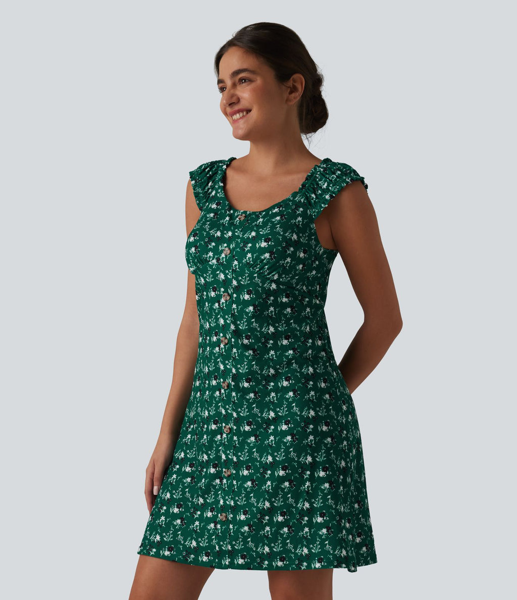 Robe trapèze mini col U sans manches à volants imprimé floral avec soutien-gorge intégré