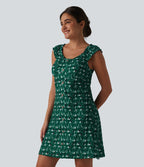 Robe trapèze mini col U sans manches à volants imprimé floral avec soutien-gorge intégré