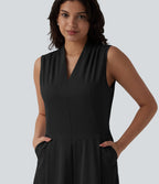 Robe mi-longue plissée col V sans manches avec fermeture éclair invisible et poches pour le travail