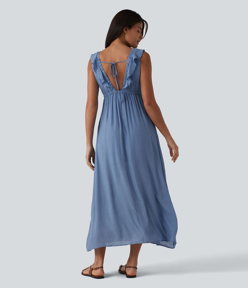 Robe fluide midi vacances col V sans manches dos nu à nouer volants avec poches