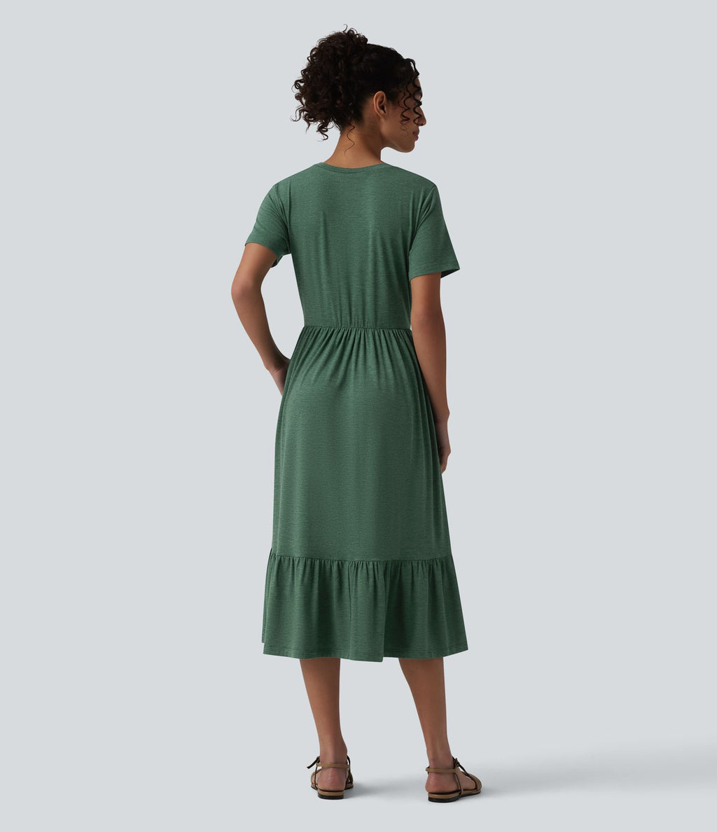 Robe midi casual chinée col rond à manches courtes, avec poches