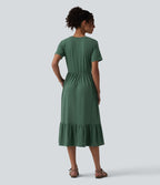 Robe midi casual chinée col rond à manches courtes, avec poches