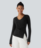 Top casual push-up à col V avec bonnets moulés, manches longues, fronces et ourlet fendu - Bonnet A/B