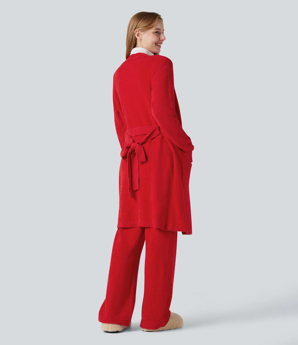 Robe d'intérieur longue tricot ouverte ceinturée manches longues avec poches