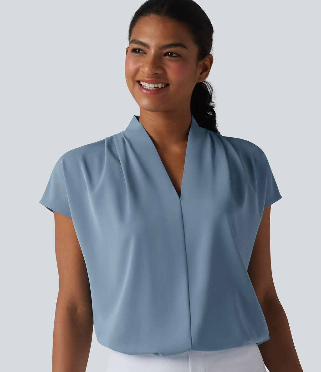 Blouse esprit bureau ample défroissage facile, col V et manches chauve-souris