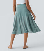Jupe Casual Évasée Mesh Mi-Longue Fuide 2 en 1 Contrastée Taille Haute Cordon Poche Latérale