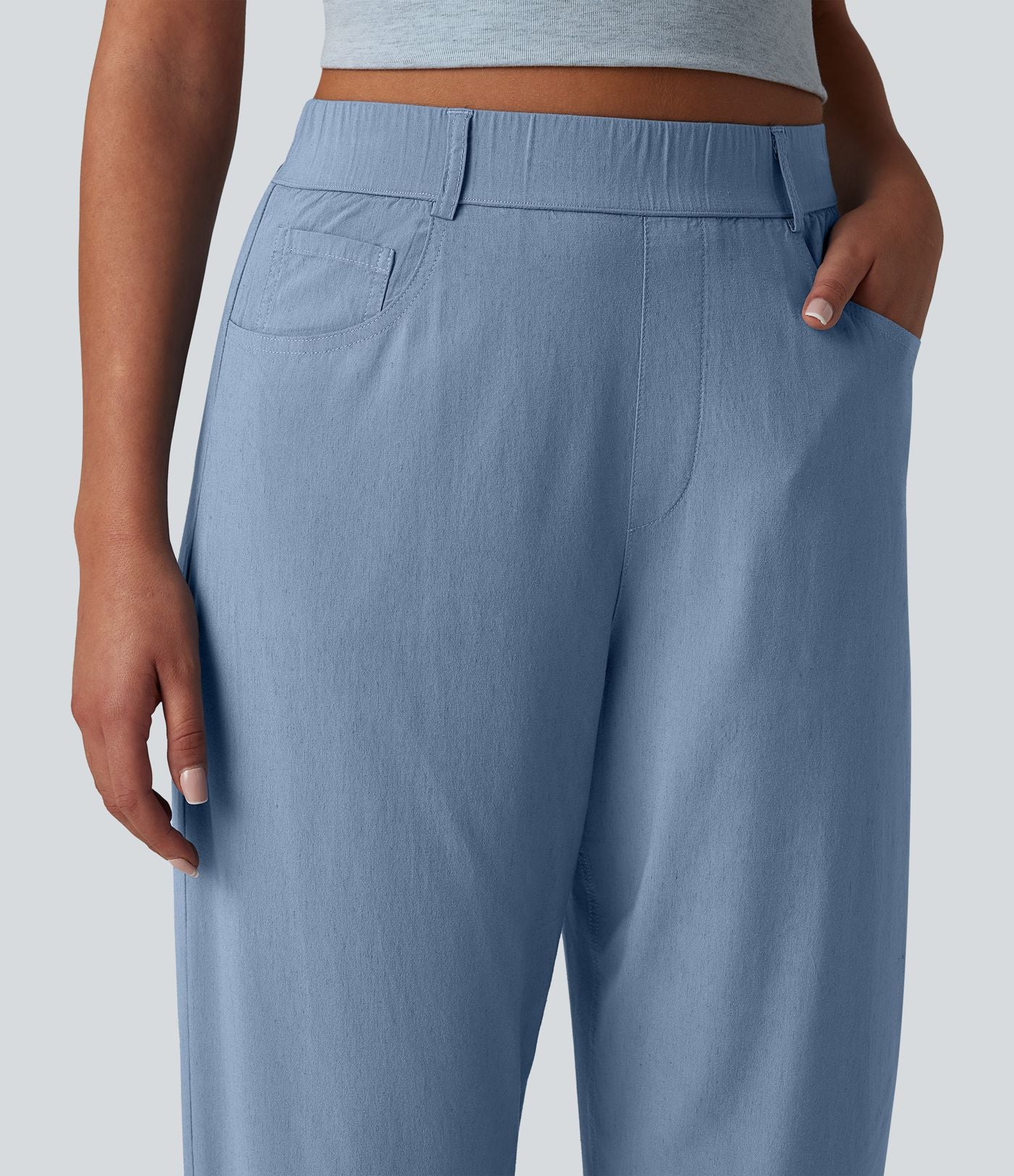 Pantalon casual taille haute en lin stretch coupe barrel avec poches
