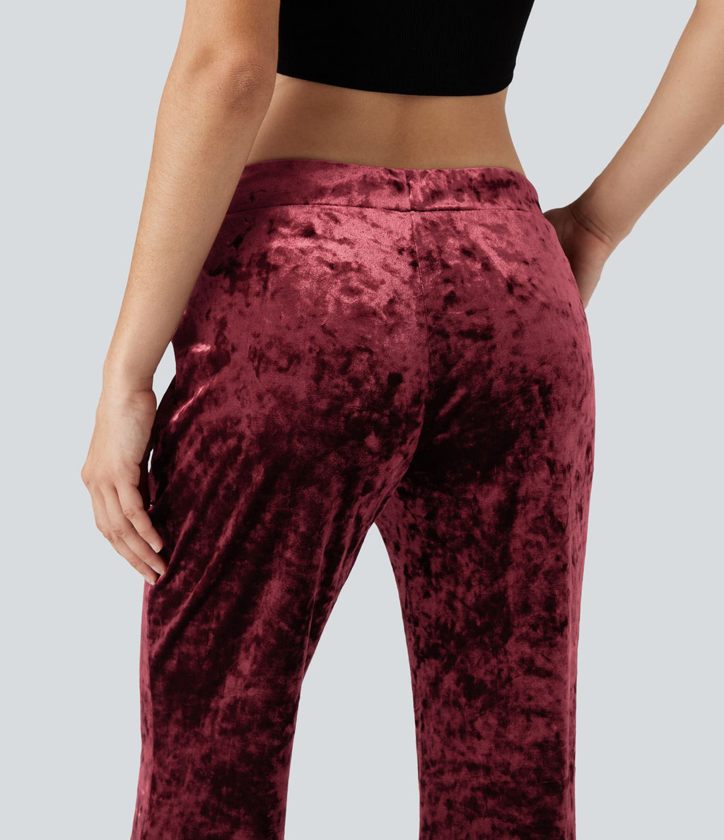 Pantalon évasé velours taille basse avec cordon de serrage et poches