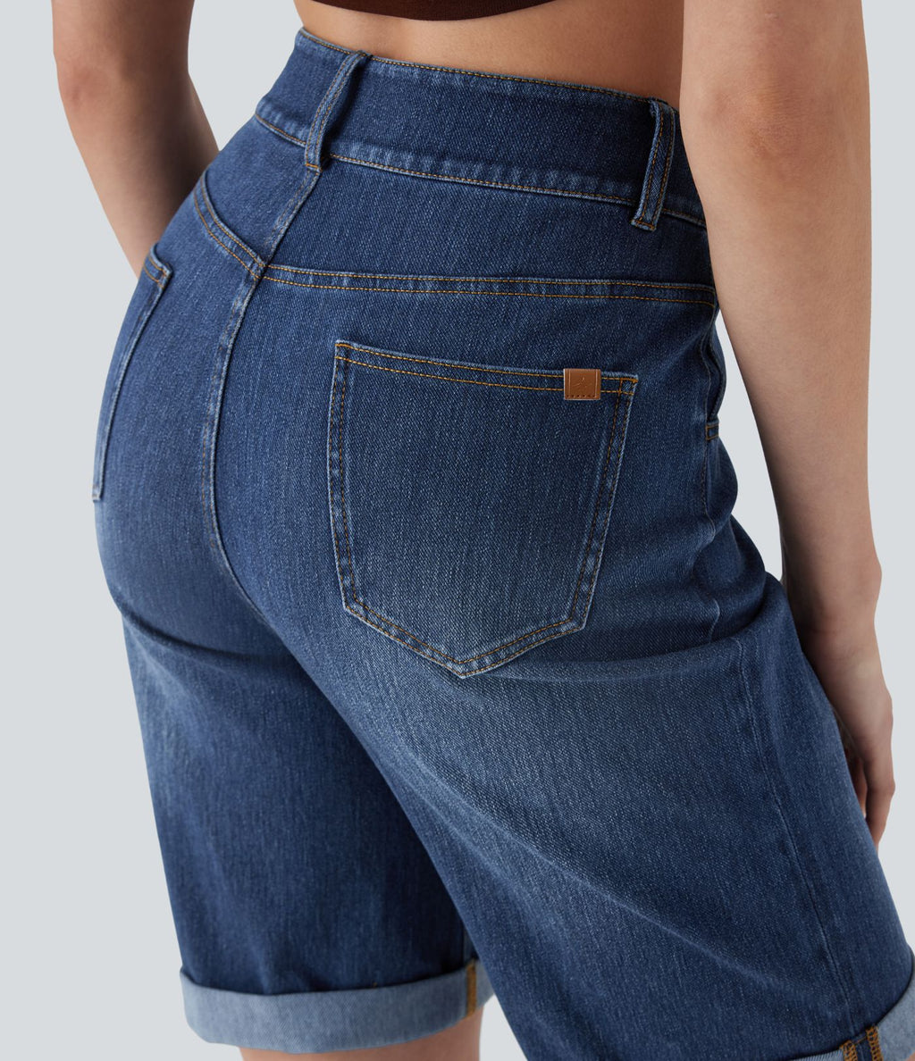 Bermuda décontracté en jean extensible délavé Halara Flex™ taille haute avec revers et multiples poches