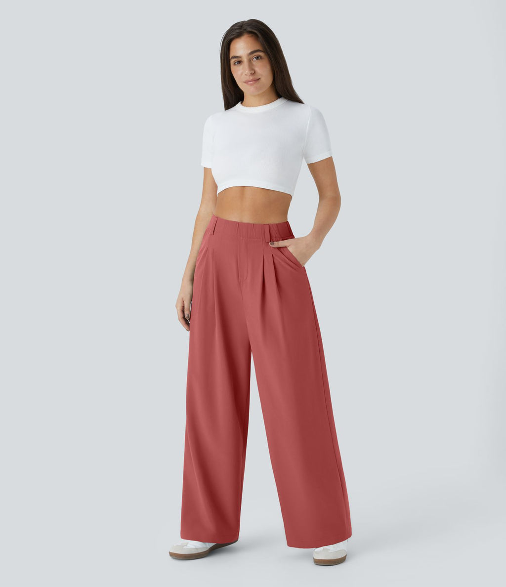 Breezeful™ Pantalon Large Fluide Taille Haute Poches Latérales Palazzo Solide Casual Linen-Feel